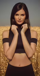 a woman is posing in the middle of a field