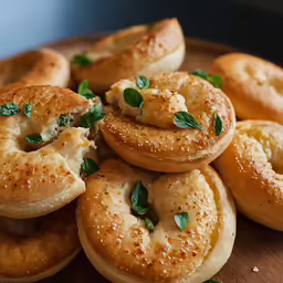 a plate of some soft bagels with greens on top
