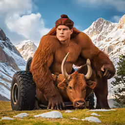 the young man is sitting on the buffalo with two horns