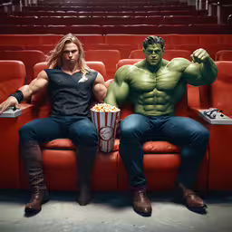 man sitting on red chair with huge body and popcorn,two male models are sitting on a theater bench