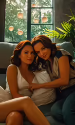 two women posing on the couch for a photo