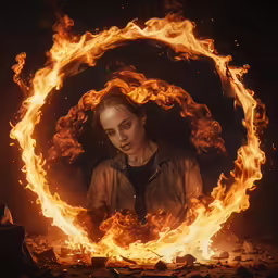a woman in a black shirt is surrounded by a bright circle of fire