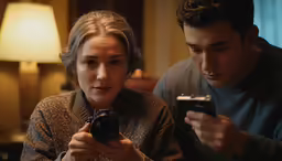 a woman taking a picture of the man using her phone