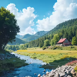 a house by the side of a mountain stream