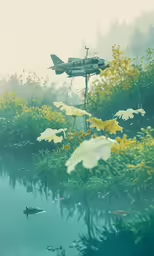 a water scene with flowers and plants near a sign