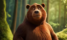 a bear with large ears and eyes standing in a forest