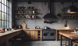 an open kitchen with shelves, counters and counter space