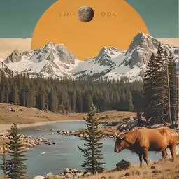 an animal standing in a field next to a forest