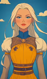 a woman with blonde hair wearing an orange dress