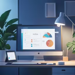 a computer sits on top of the desk