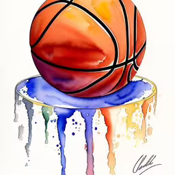 the ball is sitting on the ledge,a painting of a basketball sitting on top of a cake,a watercolor drawing of a basketball sitting on top of a drip covered stool,an orange and blue basketball ball on top of a blue drip,an image of watercolor painting of a basketball