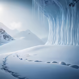 footprints are drawn into the snow next to a cliff
