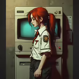 a person standing in front of a television with a long red hair