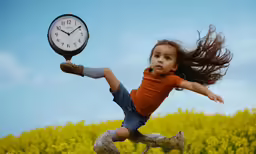 a girl is running in a field with a clock