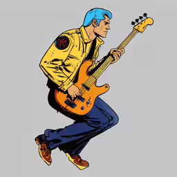 a man in a yellow shirt and blue jeans playing a guitar,a stylized cartoon shows an electric guitar player with blue hair
