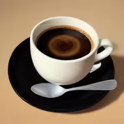 the cup is on the saucer with a spoon and knife