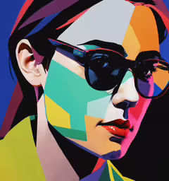 a woman with sun glasses and bold colors,a woman in sunglasses painting the image