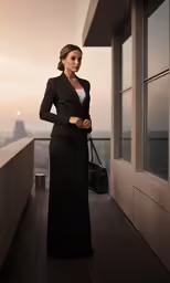 a young woman is standing on the balcony and wearing a suit