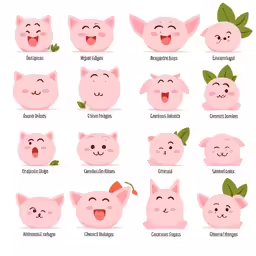 pig head cartoon character expressions with names on white