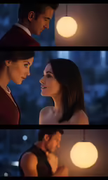 two people standing next to each other under hanging lights