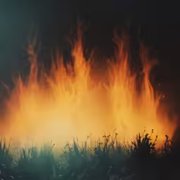 a grass field filled with lots of yellow orange flames
