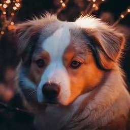 a close up of a dog with bright lights in the background