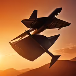 two jets are flying together and the sun is setting