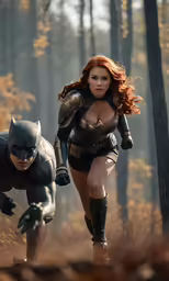 a woman in costume and a catwoman pose for a photograph