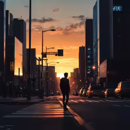 a man walking along a street near tall buildings