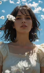 woman in white blouse holding flowers and looking at sky