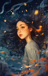 a girl with her hair flowing in the air