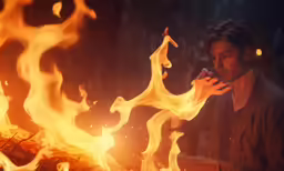 a man is looking at something in front of some fire