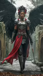 a woman with huge black wings is shown in a city street
