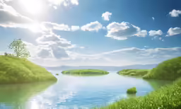 a peaceful landscape shows water and land in the foreground