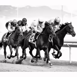 four jockeys racing horses around a track