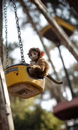 a monkey sitting on top of a yellow bench