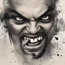 an angry man is wearing white shirt and black hair