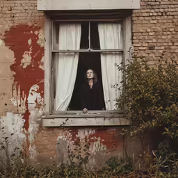 a woman looking out of an open window