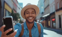 man with beard, blue shirt and hat taking selfie with cell phone