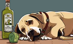 a cartoon of a dog laying on a wooden floor with a bottle of beer next to it,a very cute big dog laying on a table