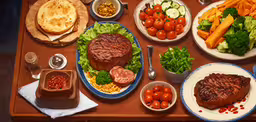 a table with different types of food on it,a close up of food on plates near other items