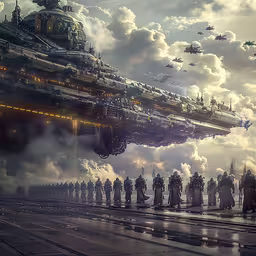 a scene with futuristic vehicles, buildings and clouds,an artwork depiction of a futuristic city with ships and planes