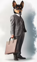 a small dog dressed up in a suit holding a briefcase