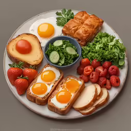 two eggs and toast, strawberries and strawberries and strawberry slices and cucumbers