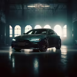 a dark colored vehicle parked in an industrial area