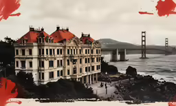 a photo of an architectural building with the golden gate bridge behind it