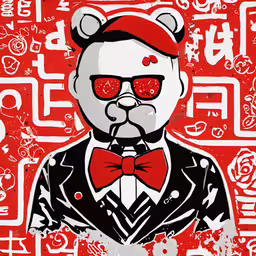 a panda wearing a bow tie and eye glasses,a panda in a bow tie, red glasses and a suit