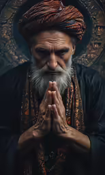 a man with an orange turban stands praying