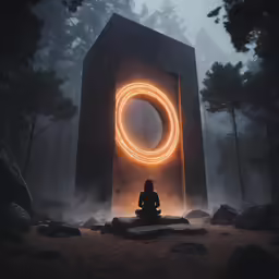 a woman in black jacket meditating in a forest area with a glowing circle