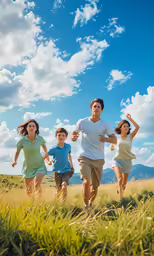 a group of young people running through a grassy field